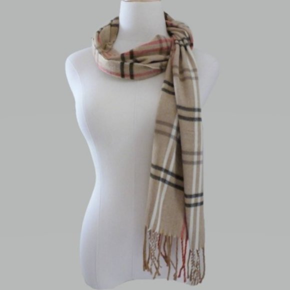 Cejon Tan Plaid Scarf with Fringe - Picture 2 of 4